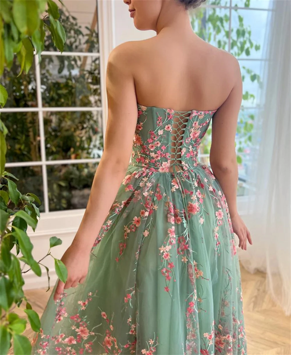Amanda Customized Appliques Tiered Ruffle Strapless Ball Gown Prom Dresses Lace-up vestidos de noche Sleeveless Formal Evening