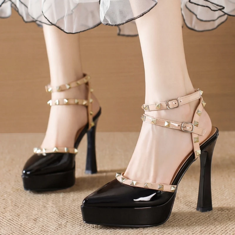 

Sexy Super High Heels Lady Shoes Waterproof Platform High Heel Sandals Fashion Rivet Closed-toe Back Empty Stiletto Single Shoes