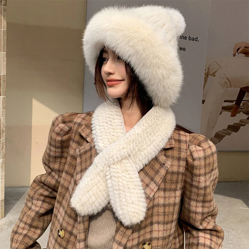 New Women's Korean Scarf Hat Natural Mink Hair Fashion Warm Hat Winter Thickened Outdoor Windproof Casual Elastic Hat 2023