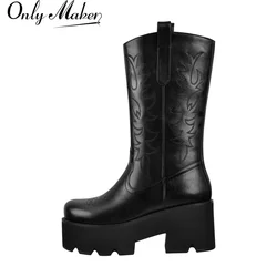 Onlymaker Women Platform  Mid Calf Boots Black Chunky High Heels  Big Size Lady Short Booties