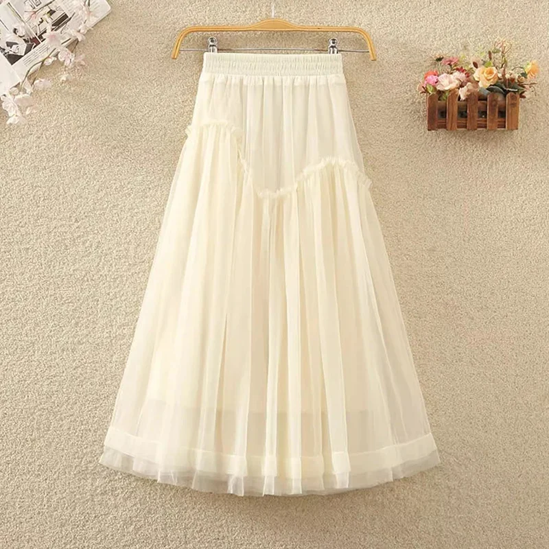 

Layers Tulle Midi Long Skirt for Women 2024 New Korean Elegant Solid A Line High Waist Mid-length Mesh Skirt Female Z450