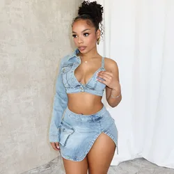 2 Piece Set Women 2024 Spring Summer Denim Pocket One Shoulder Tops And Mini Skirt Suits Mujer Matching Sets Jacket Outfit