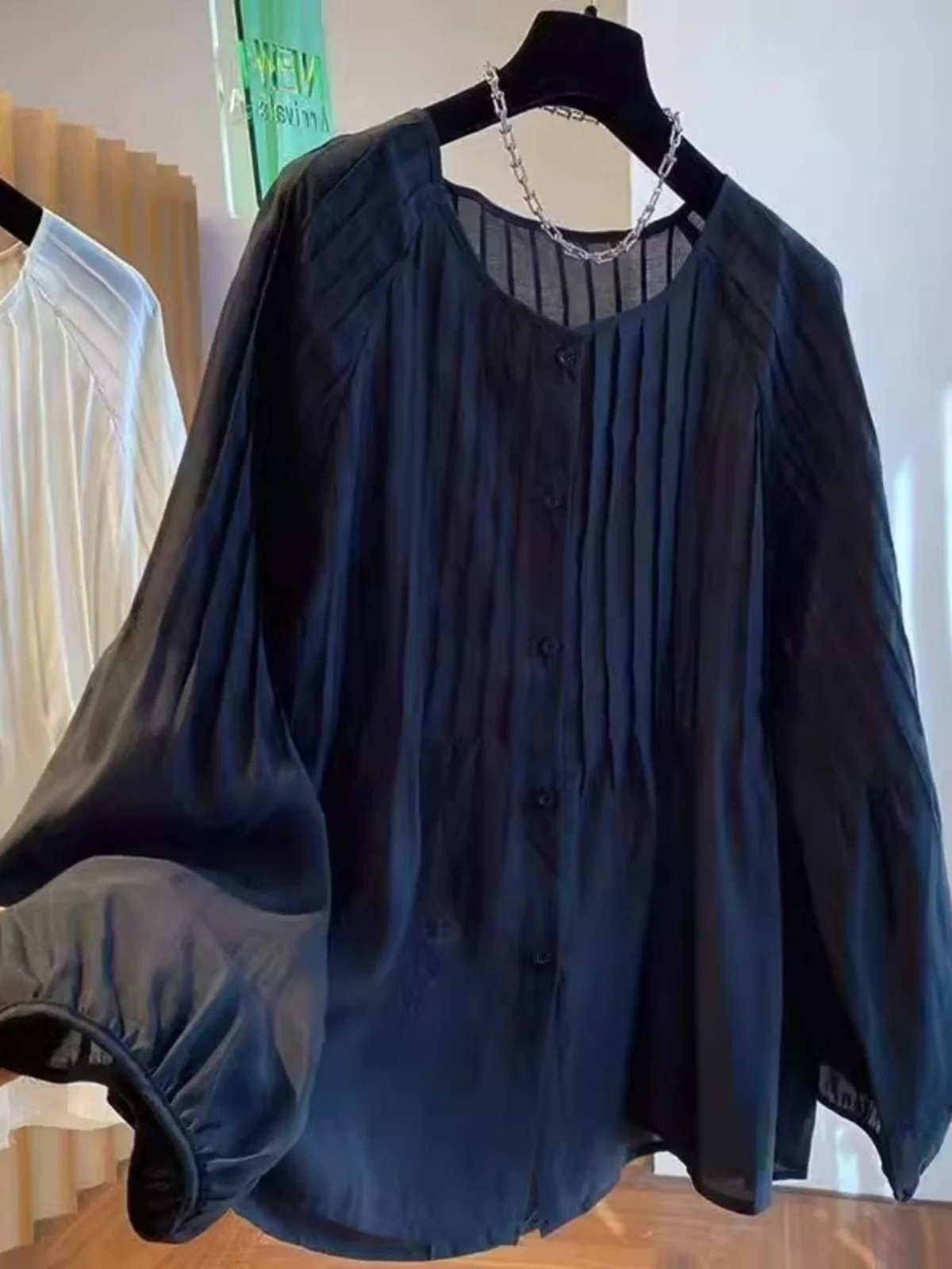 

plus Size 300 Pounds Retro Pleated Long Sleeve Women's Shirt Casual Loose Stylish Korean Style round Neck Polyester Fiber