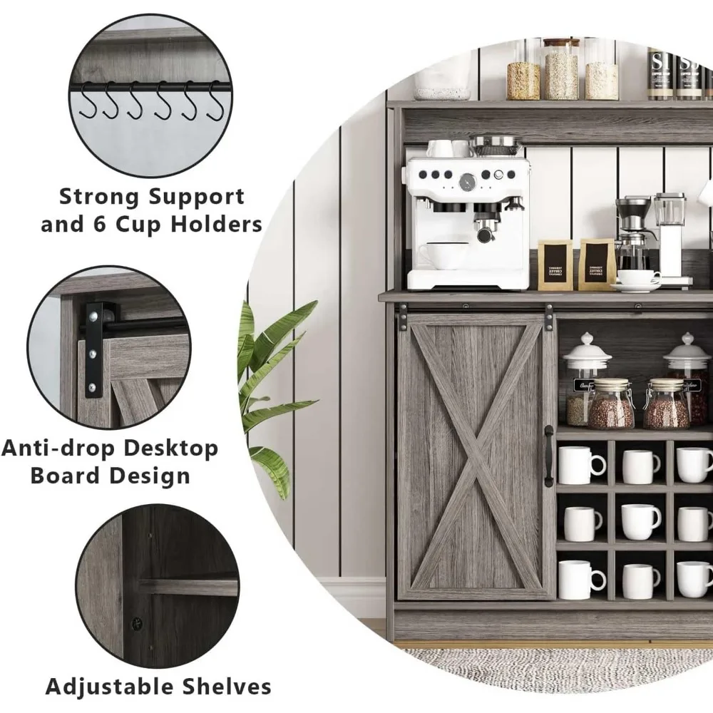 Farmhouse Style Coffee Bar Cabinet with Hutch, 6 Hooks, 47 Wine Storage Buffet Cabinet