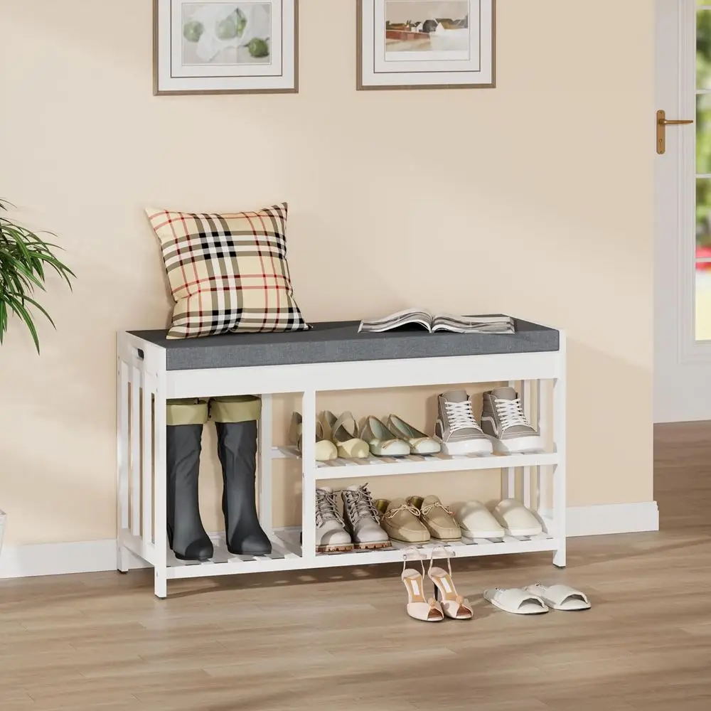 White 2-Tier Shoe Storage Bench with Cushion and Flip-Top for Entryway, Hallway, and Bedroom