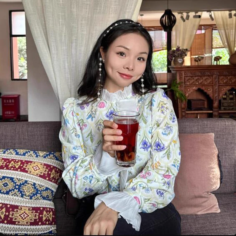 

Винтажная офисная женская рубашка с милыми цветами, весенне-осенняя повседневная женская одежда с длинными рукавами, корейские модные блузки