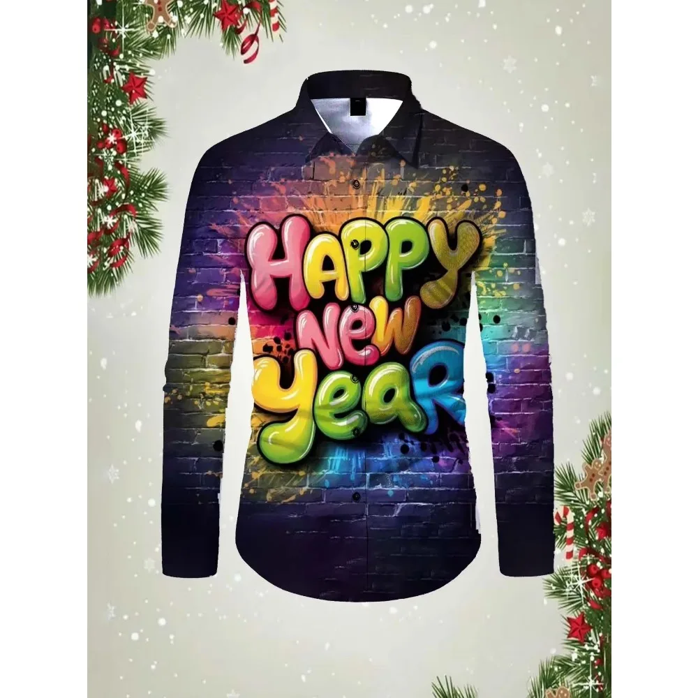 

2025 Happy New Year Men's Long Sleeved Shirt Pattern 3D Printed Top Spring Autumn New Fashion Casual Unisex Clothing