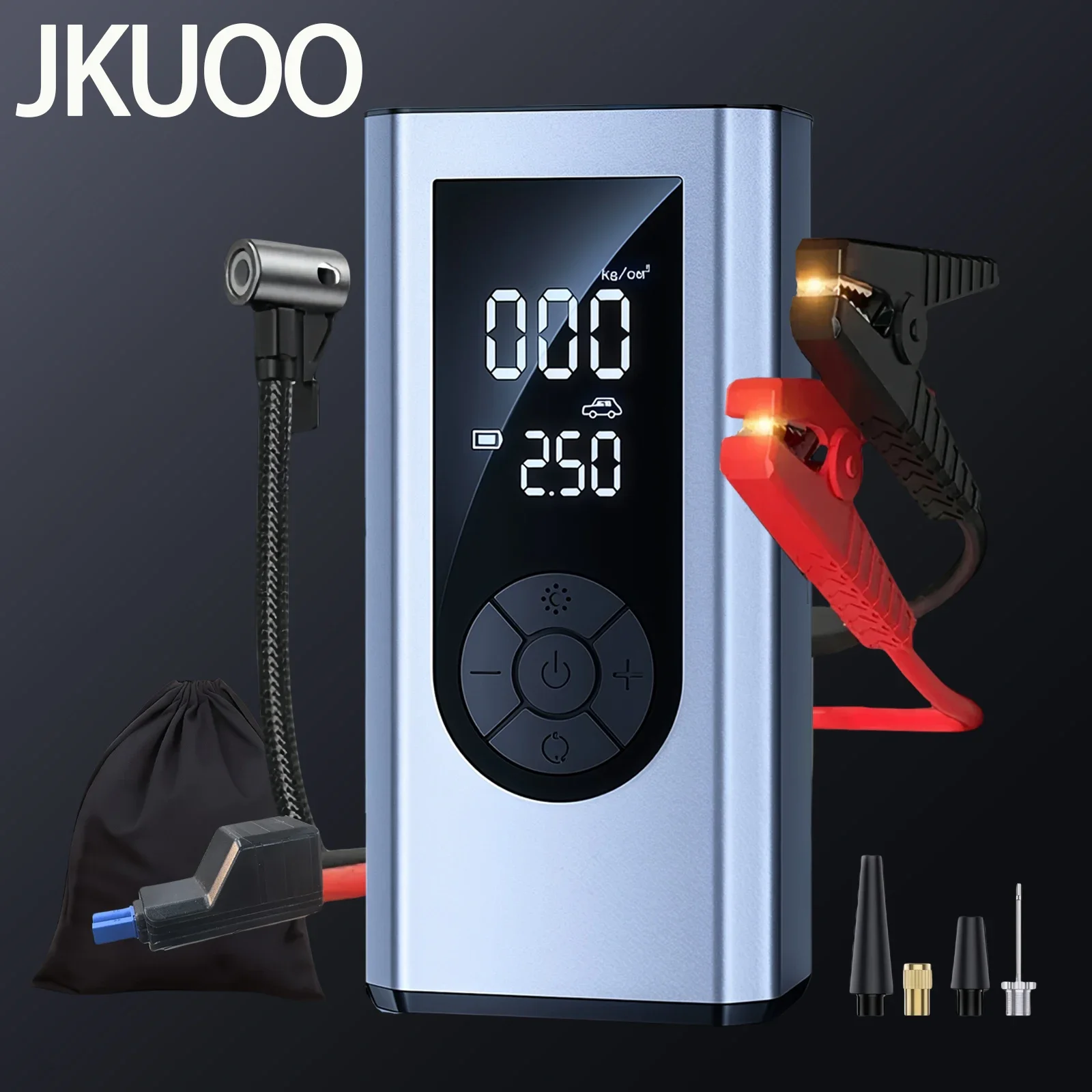 

JKUOO5-in-1 Portable Car Jump Starter with 150PSI Air Compressor Power Bank Booster Automotive Tire Inflator Car Starting Device