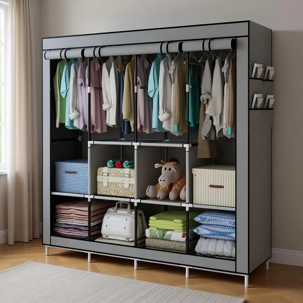 

Space-Saving Hanging Wardrobe Organizer with 4 Rails, Grey, for Efficient Clothing Storage
