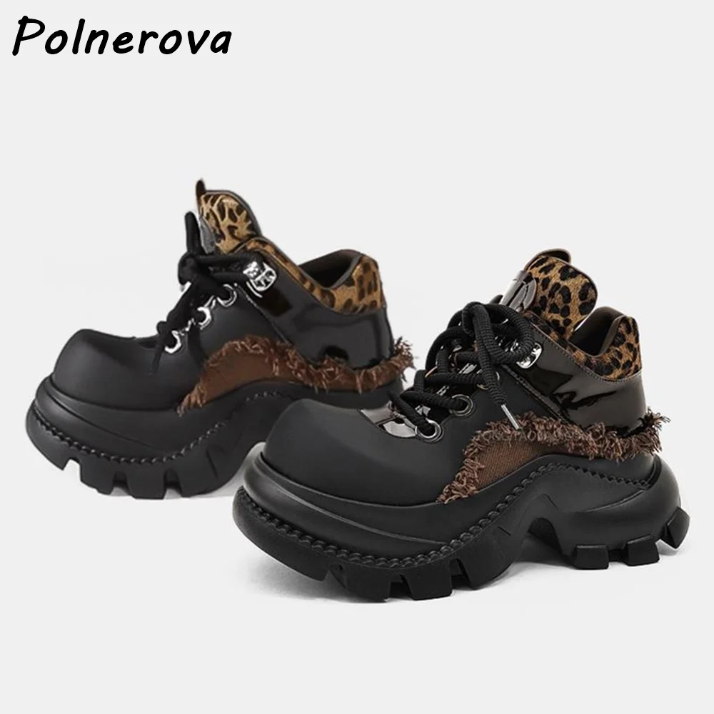 

Leopard Black Lace Up Pumps Round Toe Thick Soled Hotties Leather Shoes Hollow Fringe Dark Punk Couples Fashion Cool Shoes 2025