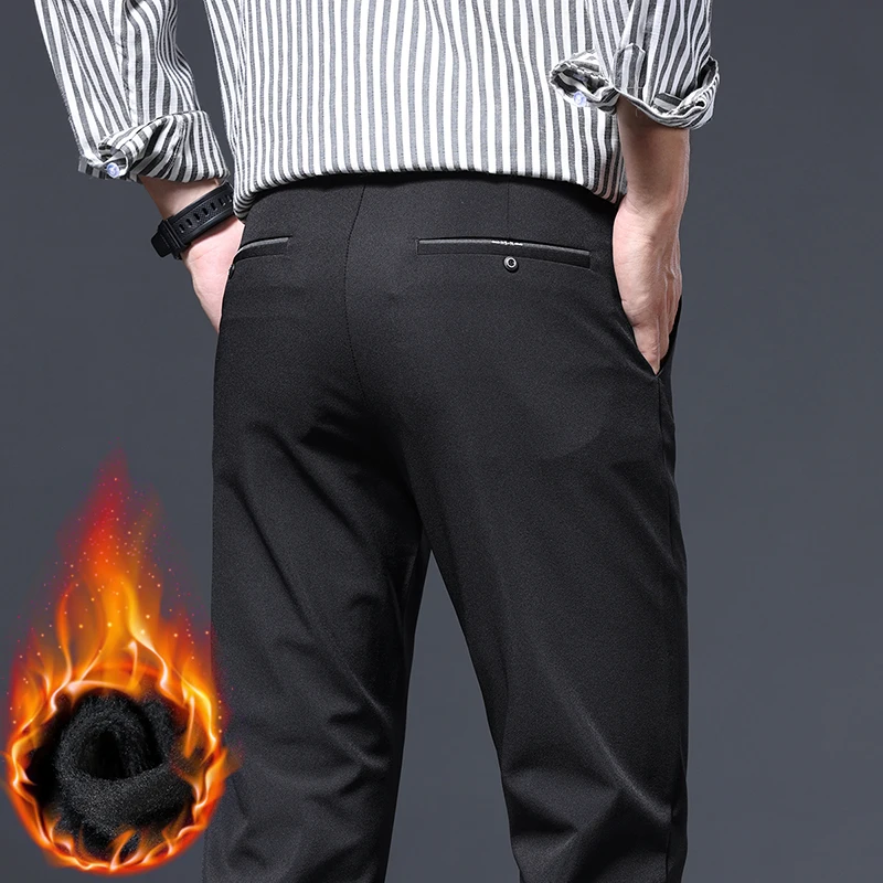 Thick Men's Casual Pants Winter New Slim Business Straight Trousers Velvet Warm Solid Color Fashion Classic Male Plush Trousers
