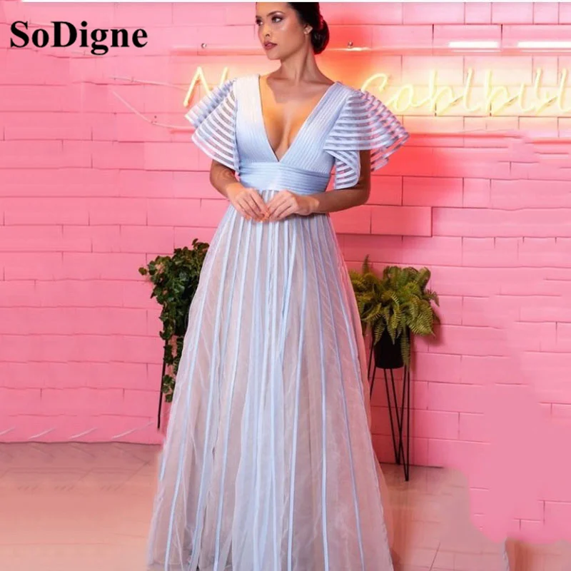 

SoDigne Sky Blue Long Prom Dresses V neck Cap Sleeves Formal occasion Dress Stripe Cap Sleeves Evening Women Gown For Women