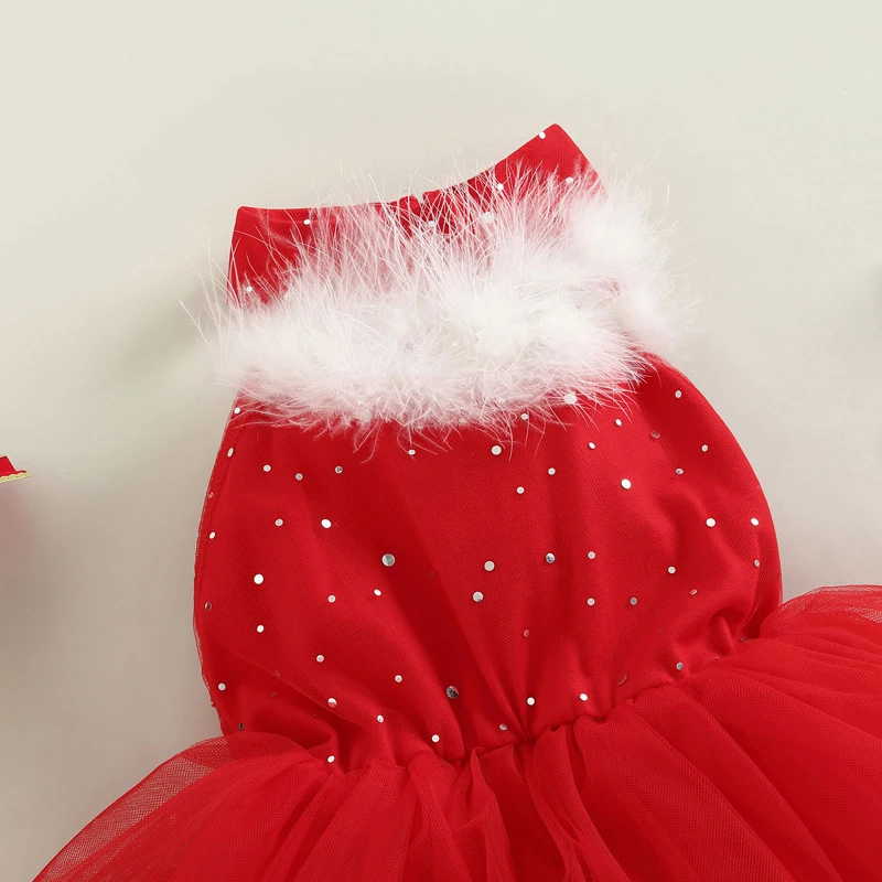 Kids Girls Christmas Dress Sleeveless Halterneck Sequined Tulle Princess Xmas Dress Costume