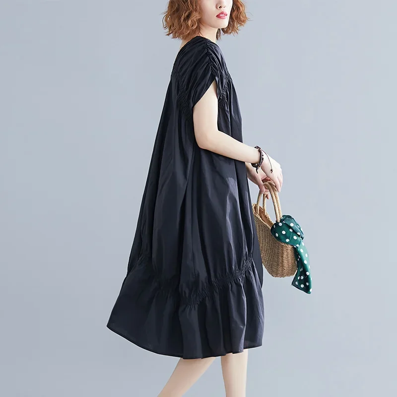 V-neck Dress Irregular Oversized Loose Skirt Black Pleated Fishtail Skirt Fashionable Off The Shoulder New Style Plus Size