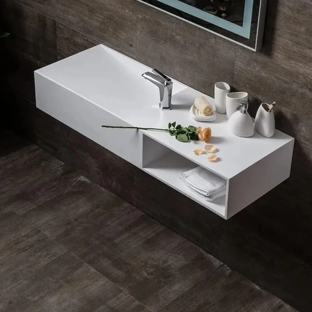 

35" Wall-Mount Stone Resin Bathroom Sink in Matte White Floating Sink with Storage Cubby Hole, Bathroom Storge Vanity