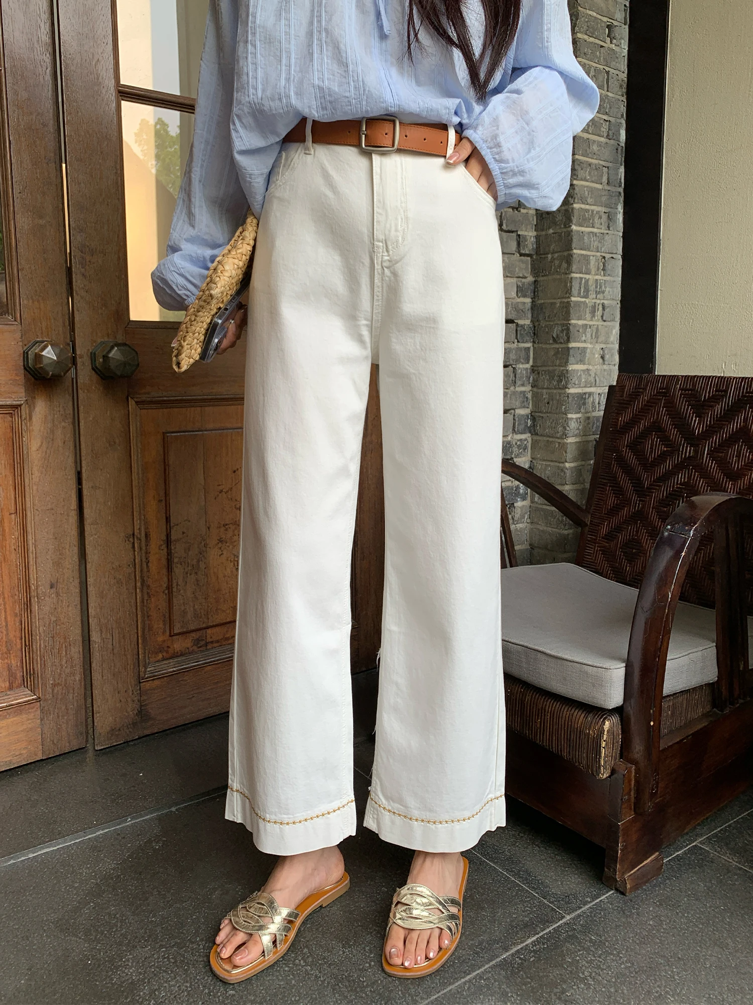 

Джинсы NAZ больших размеров, летние, хлопковые, эластичные, в стиле ретро, прямого кроя, белые, широкие, с высокой талией, повседневные, на молнии