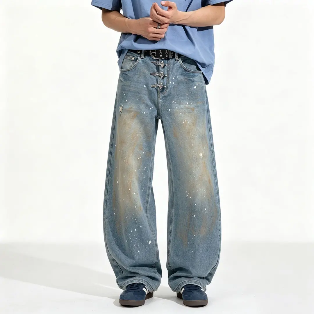 

Vintage Broken Hole Denim Ripped Jeans Men Metal Buckle Streetwear Hip Hop Loose Casual Scimitar Baggy Jeans Pants Trousers