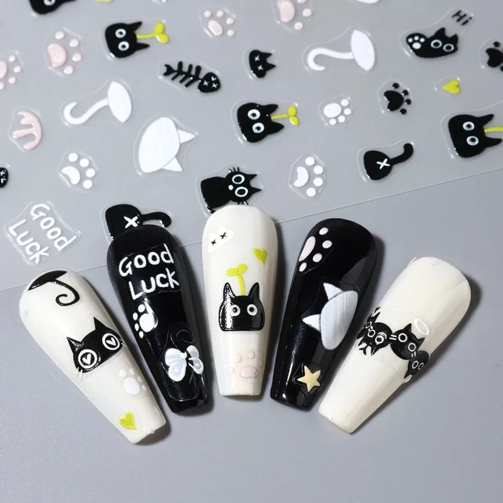 2 szt. Czarne Naklejki na Paznokcie z Kotami 3D, Urocze Kreskówkowe Zwierzęta, Samoprzylepne Naklejki na Paznokcie 3D, Ozdoby, Akcesoria do Manicure