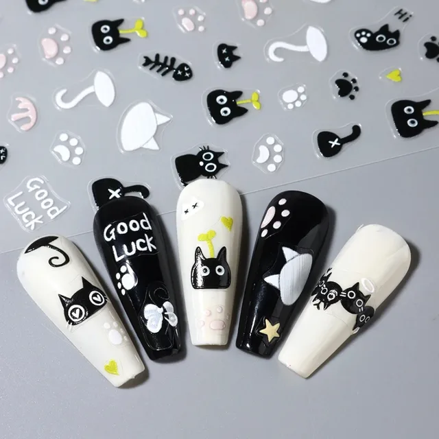 2 szt. Czarne Naklejki na Paznokcie z Kotami 3D, Urocze Kreskówkowe Zwierzęta, Samoprzylepne Naklejki na Paznokcie 3D, Ozdoby, Akcesoria do Manicure
