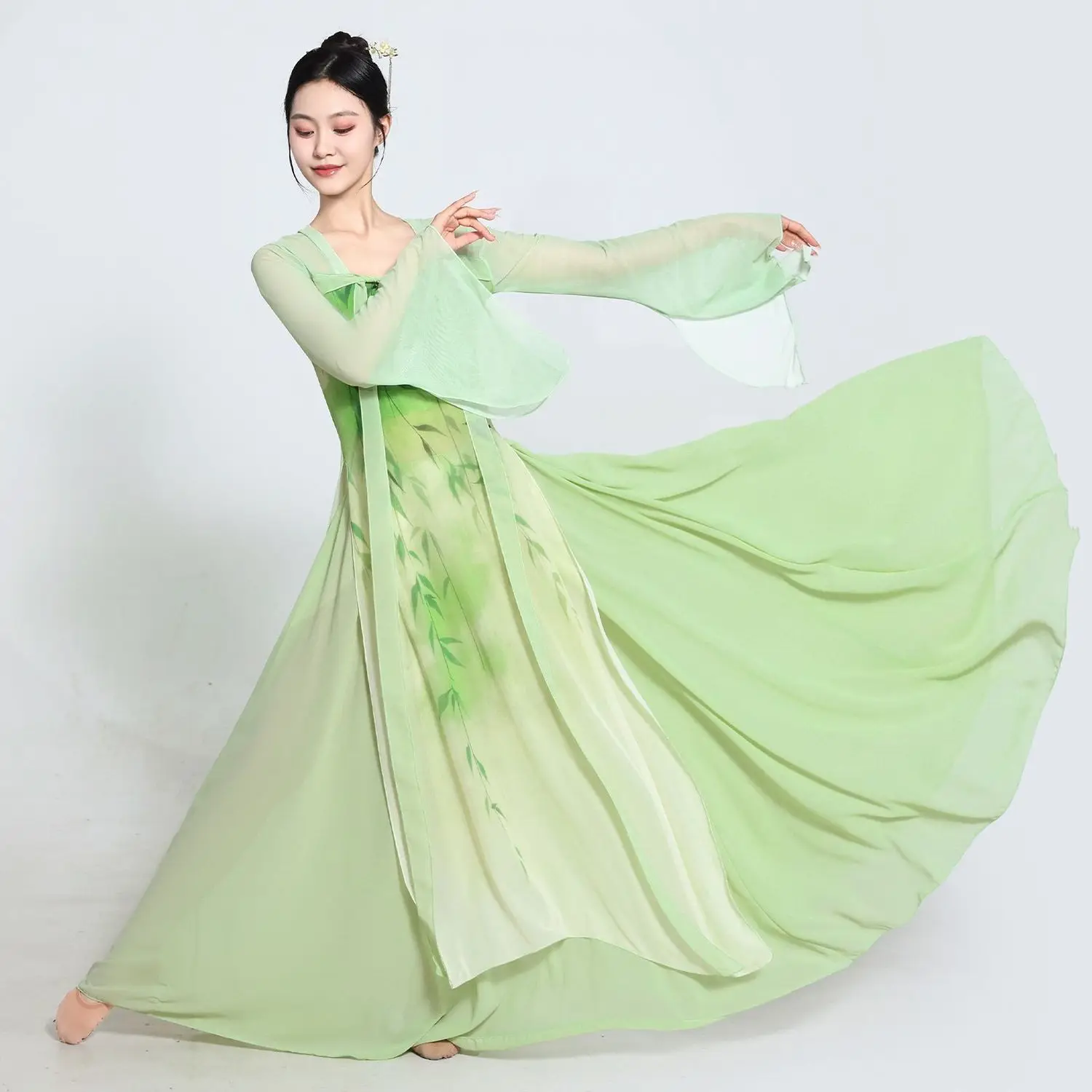 Women's Adult Classical Dance Costume, Han & Tang Lotus Yarn Top, Flowy Improved Practice Hanfu Chinese Performance Outfit