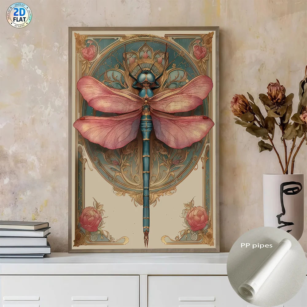 (No frame)2D Flat, Frameless- 2D/FLAT Hard Tube Packaging 1pc. Retro Dragonfly Art Nouveau Style Insect Canvas Printed Poster