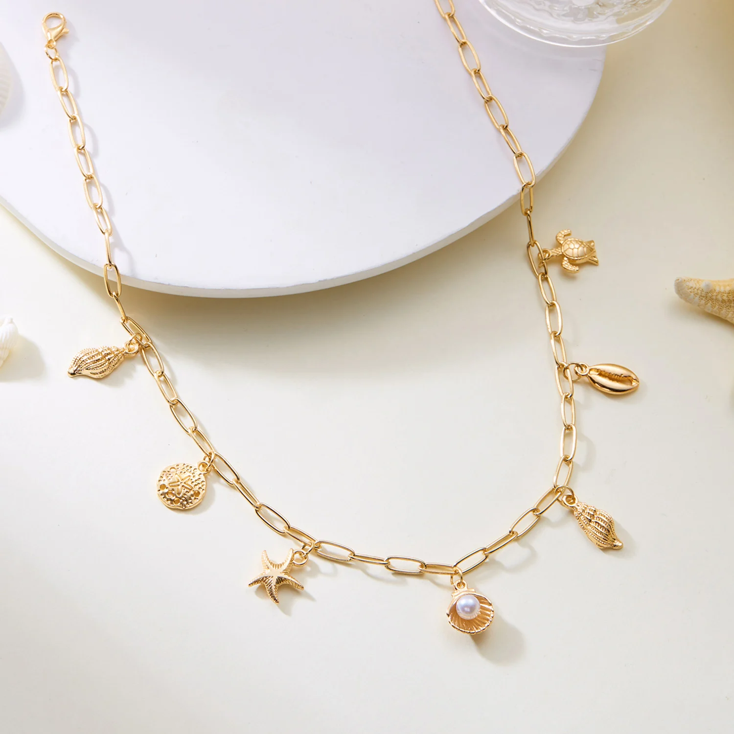 Modische Goldfarbene Anhängerkette mit Seestern, Muschel und Schildkröte für Damen, Handgefertigte Muschelketten-Halskette, Sommer-Strandparty-Schmuck – Detail 11