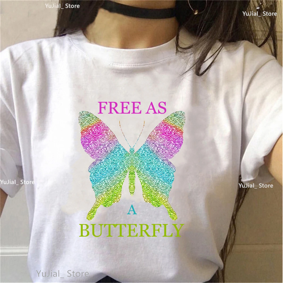 

Glitter Rainbow Butterfly Free As A Butterfly Graphic Printed Tshirt Girls Kawaii Clothes Summer Fashion Tops Tee Shirt Women