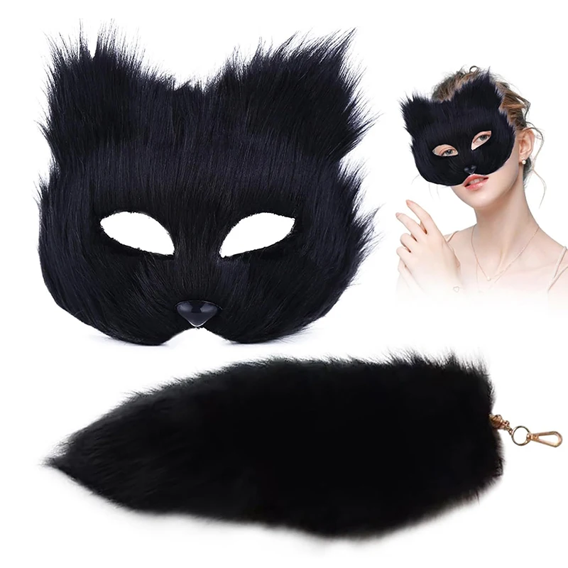 4PCS Faux Fur Cat Ears Hair Clip Furry Wolf Fox Long Tail Costume Halloween Party Neck Chocker Wolf Cosplay Set Mask Wolf Tail