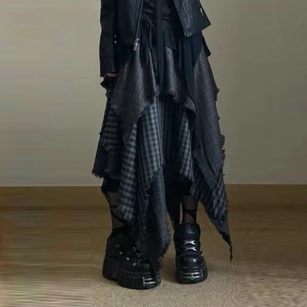 

Plaid irregular splicing medium and long women's rough edge wandering style retro A-shaped vintage skirt women clothing