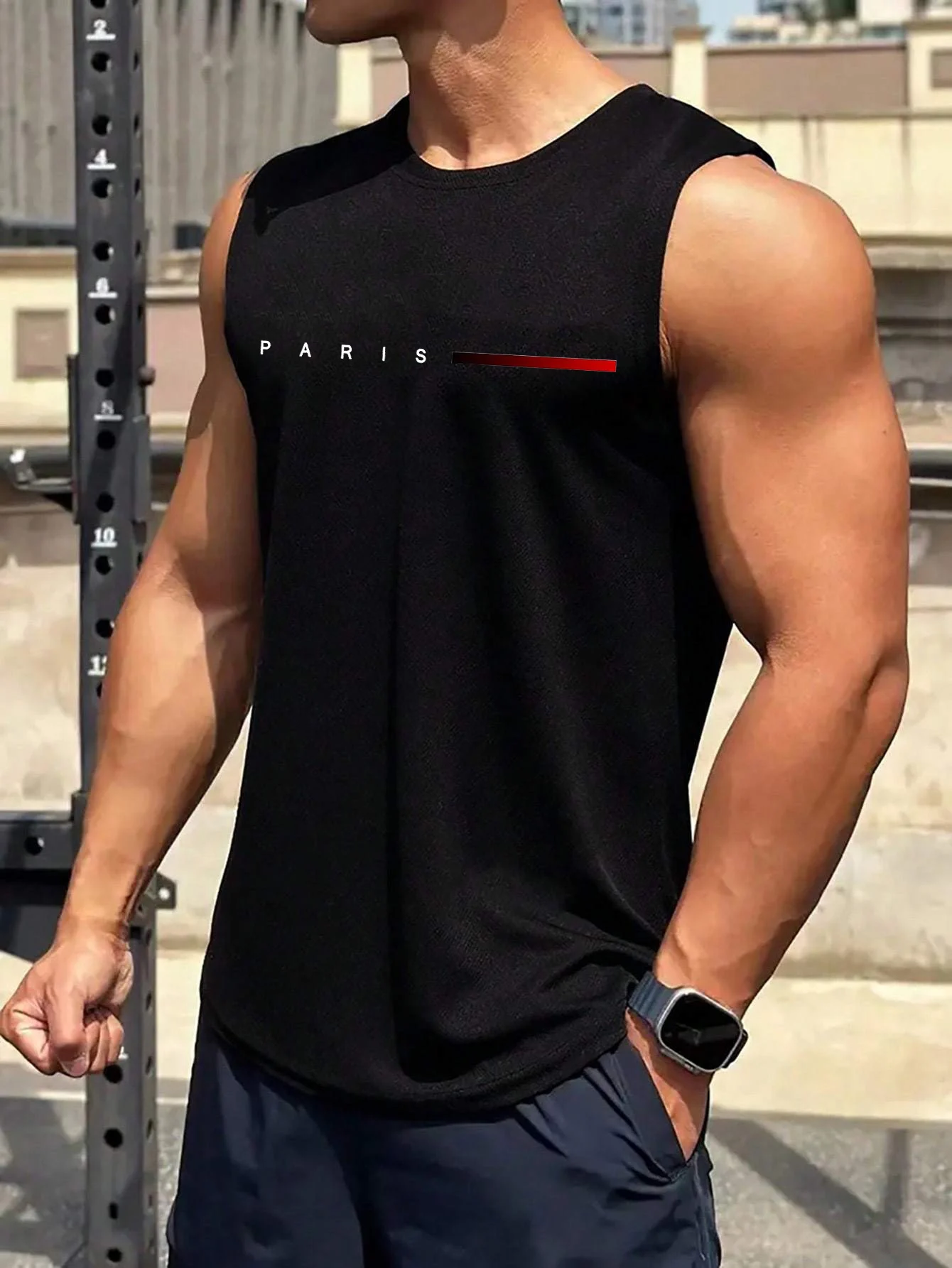 

Men's Summer Leisure Sports Fitness Loose Paris Letter Pattern Printed Comfortable Breathable Round Neck Sleeveless Tank Top