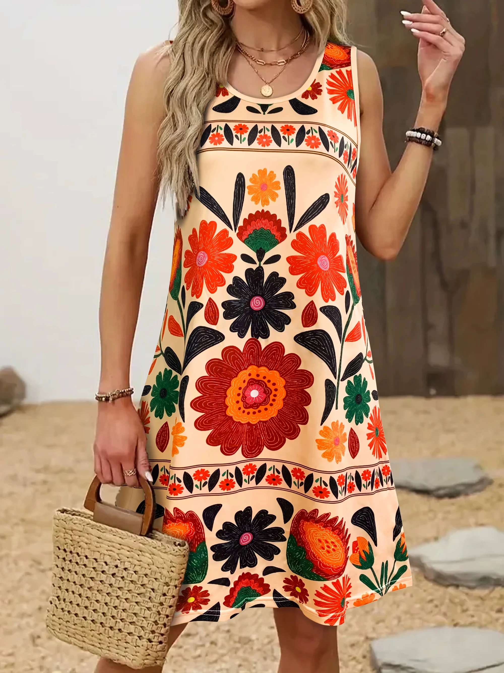 Ärmelloses Boho-Blumenkleid für Damen, buntes Blumendruck-Minikleid, lässig, Sommer, Strand, Festival, Outfit, Y2k, Damenkleidung, Oberteil