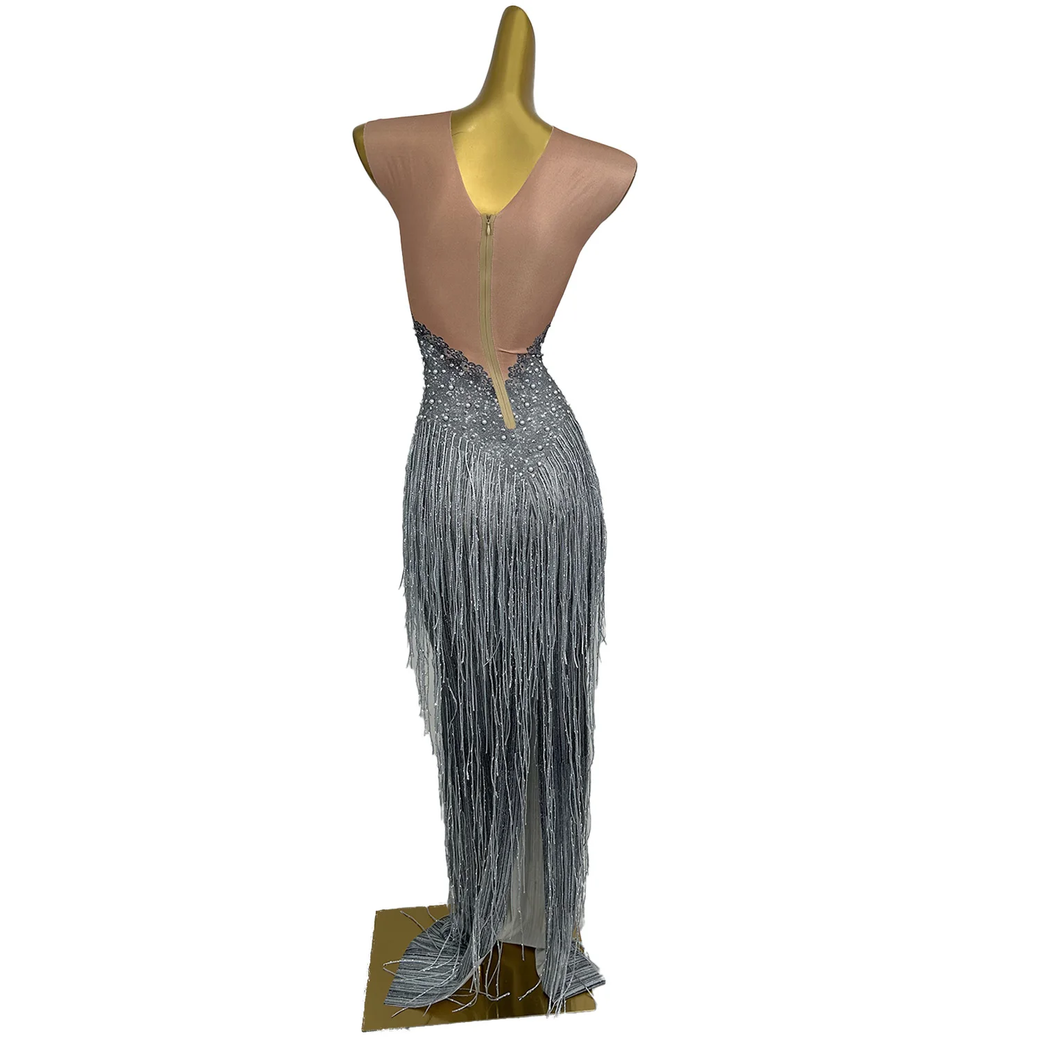 Sexy Women Crystals Tassels Bodycon Long Dresses Birthday Party Elastic Skinny Package Dress Singer Stage Costumes Diaodaixuxu