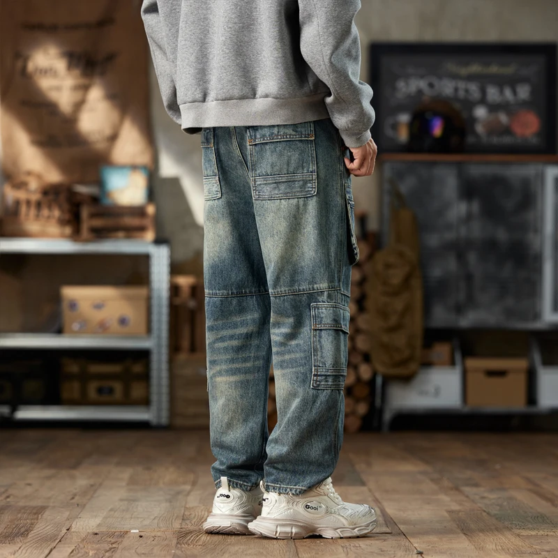 American retro autumn and winter washed new loose patchwork with multiple pockets Harem jeans men's pants cargo pants men