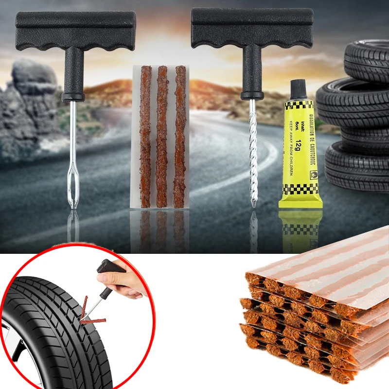 30 Pcs Tire Repair Tools Kit for Car Motorcycle Bike Tyre Puncture Repairing Studding Plug with Seals Glue Rubber Stripes Set