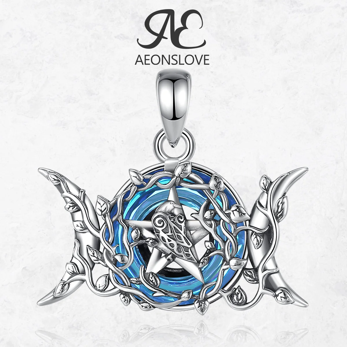 AEONSLOVE 925 Sterling Silver Blue Crystal Necklace Witch Triple Moon Pentagram Raven Pendant Pagan Jewelry Spiritual Amulet