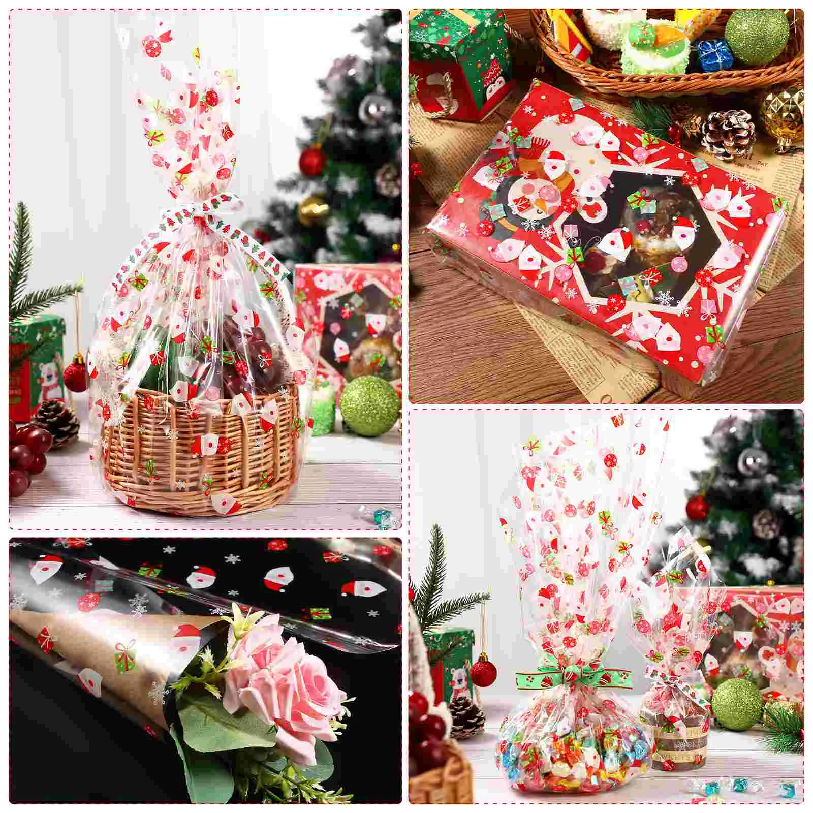 Santa Claus Decorated Cellophane Bags Wrapper Universal Christmas Wrapping Paper Transparent Holiday