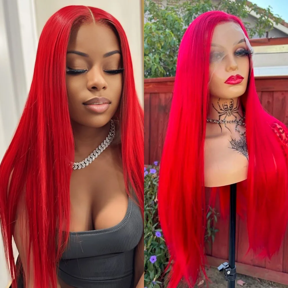 

30-дюймовые красные прямые парики с HD-лентой, предварительно выщипанные, 200% плотности, без клея, 13x4, цветные парики для женщин, для косплея