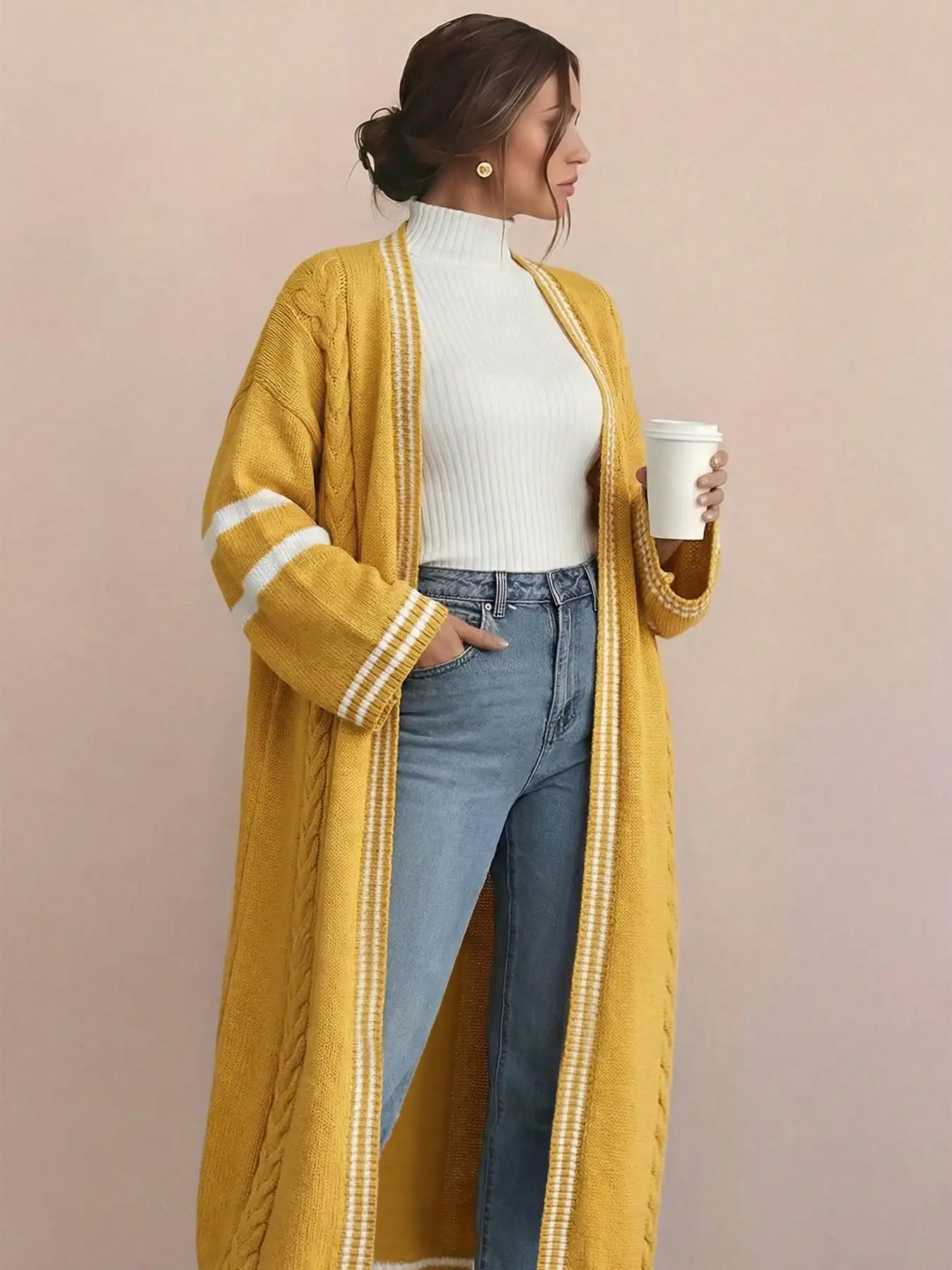 

Женский длинный вязаный кардиган с белой полосатой отделкой, уютная повседневная одежда для осени и зимы