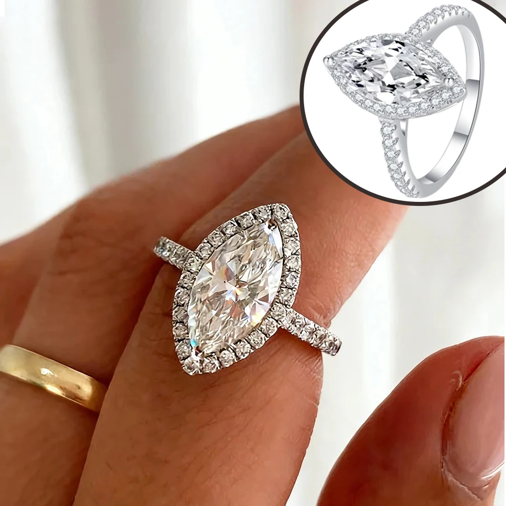 

Обручальное кольцо с муассанитом огранки «маркиз» 1/2 карата с сертификатом, серебро S925, скрытый ореол из бриллиантов, винтажное, для женщин