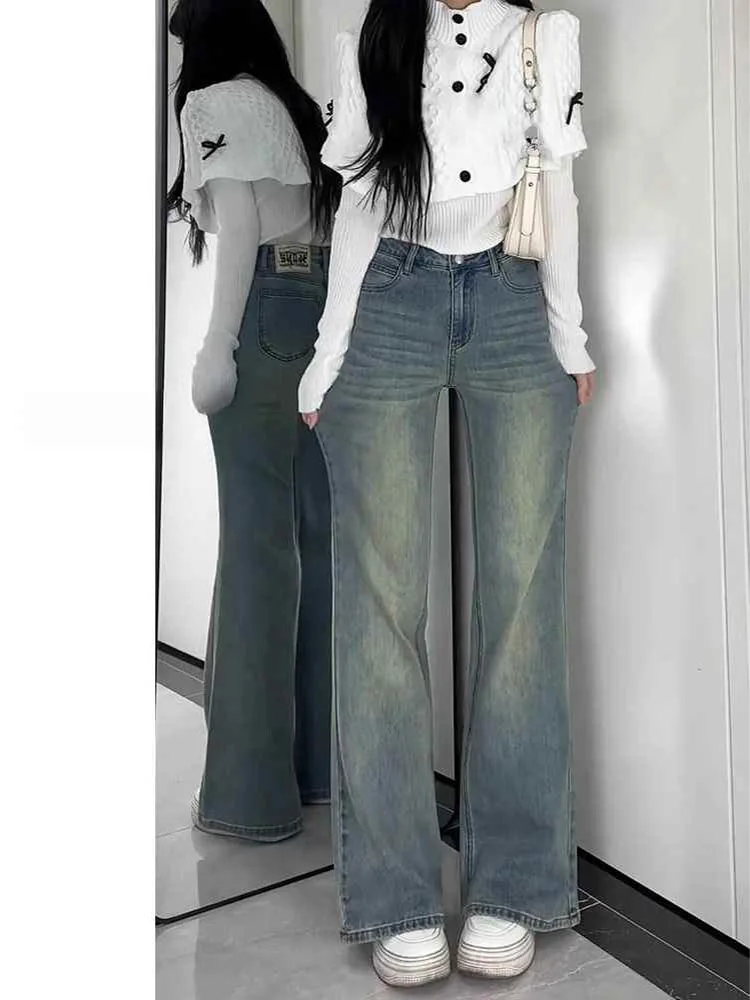 ريترو الأزرق Fce اصطف Thiened مايكرو متوهج الجينز المرأة الخريف الشتاء حجم كبير التخسيس عالية الخصر مطاطا سليم صالح الجينز #4