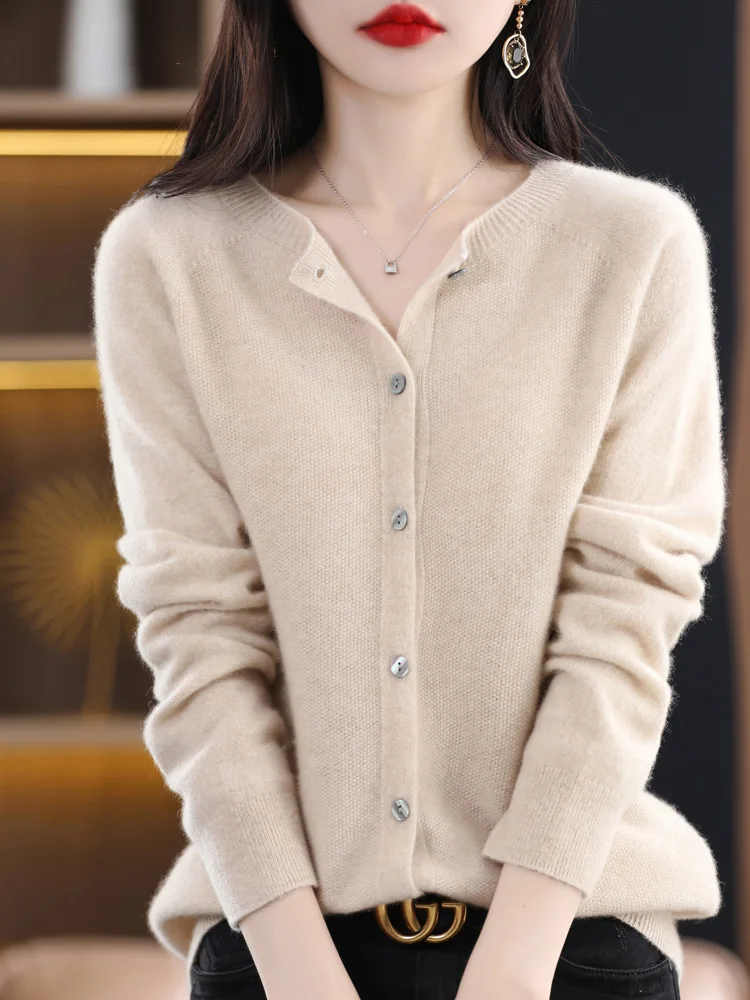 Addonee-Cashmere O-Neck Cardigan para Mulheres, Suéter 100% Merino Lã, Manga Raglan, Malhas Clássicas, Moda Sólida, Roupa Básica