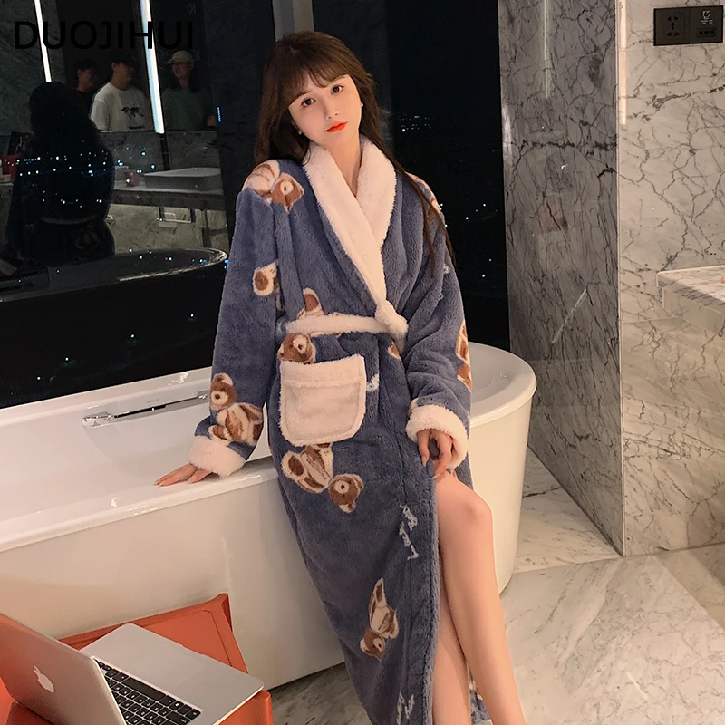 DUOJIHUI Winter Flannel Spell Color Chic Belt Pocket Female Night Gown Sweet Basic V-neck Simple Loose Fashion New Women Pajamas