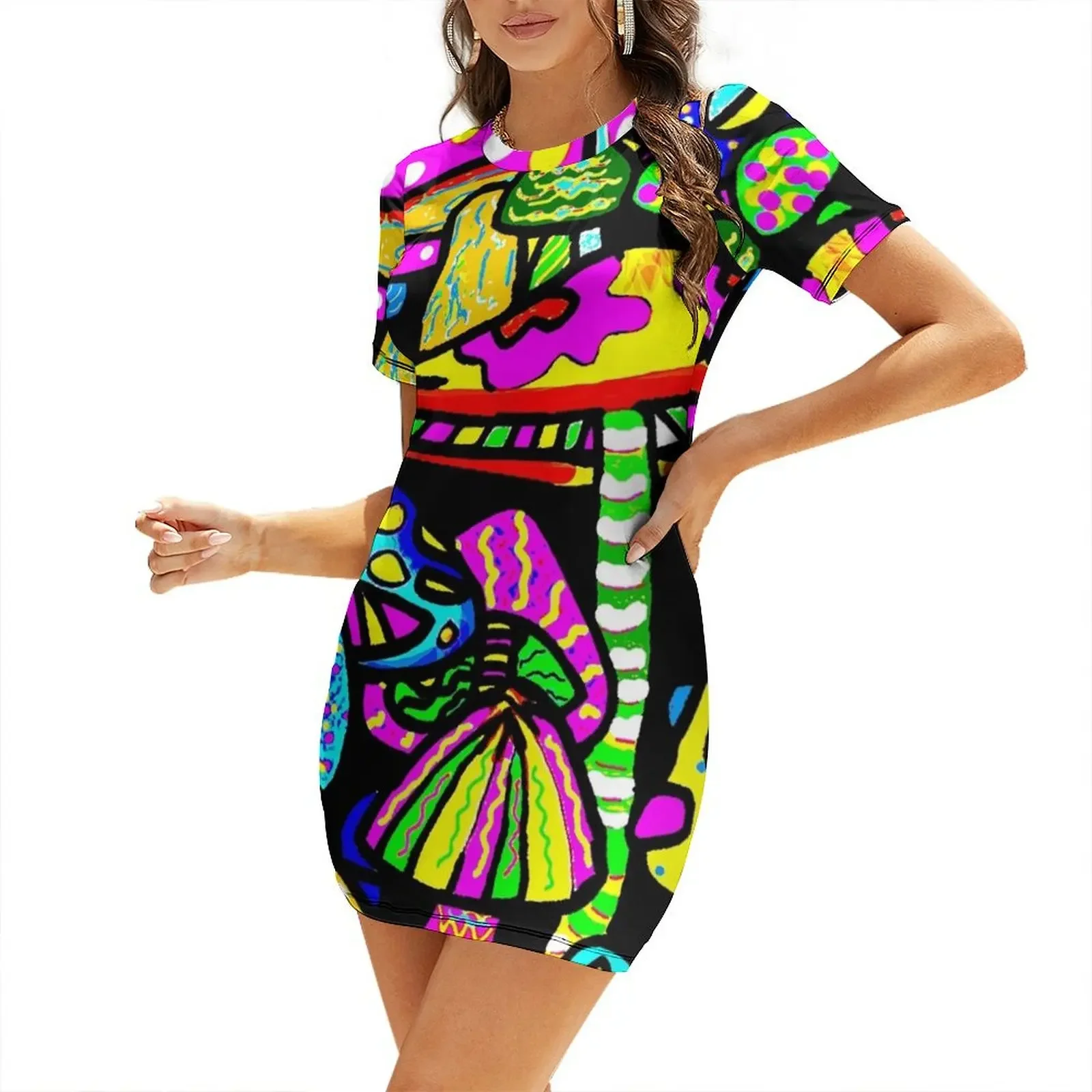 

70s HIPPIE PSYCHEDELIC SHROOMIN Short-Sleeved Dress women evening dress