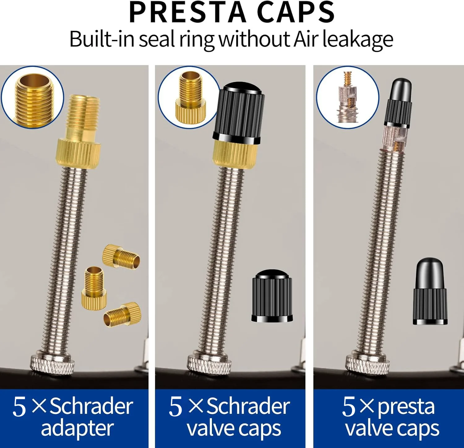 Brass Presta Valve Adaptor (Pack of 5 + 10 Caps) - Convert Presta to Schrader for All Types of Bikes, e-Bikes, and e-Scooters