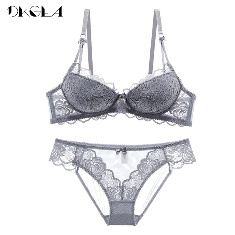 Comfortable Thin Cotton Women Underwear Sexy Bra Set Plus Size C D Cup Embroidery Brassiere Push Up Bras Lace Lingerie Set Black