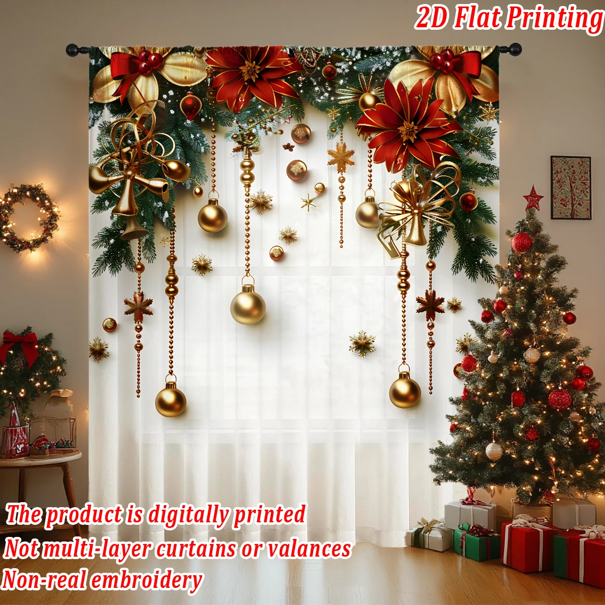 

Christmas Flat Printing Sheer Curtain with Luxury Christmas baubles, Poinsettia，for Living Room Bedroom Door Windows Decor