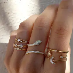 Crystal Rings Set Vintage women Snake Moon Star Geometric Hollow Ring Female Anillos Jewelry Bague Adjustable Funk Jewellery