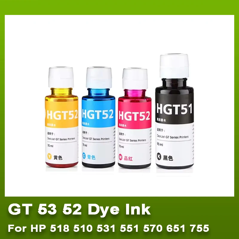 GT-52 GT-53 recarga de tinta corante compatível para hp gt5820 gt411 gt582 gt410 518 519 510 531 618 672 726 755 798 kit de tinta corante gt 52 53