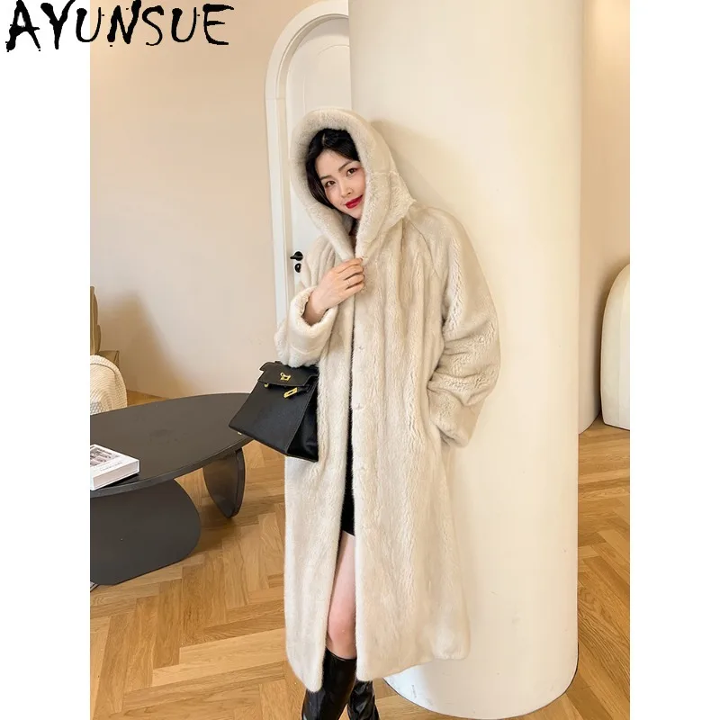 AYUNSUE 고품질 밍크 퍼 코트 여성 신상품 롱 겨울 코트 여성 우아한 아우터웨어 여성 의류