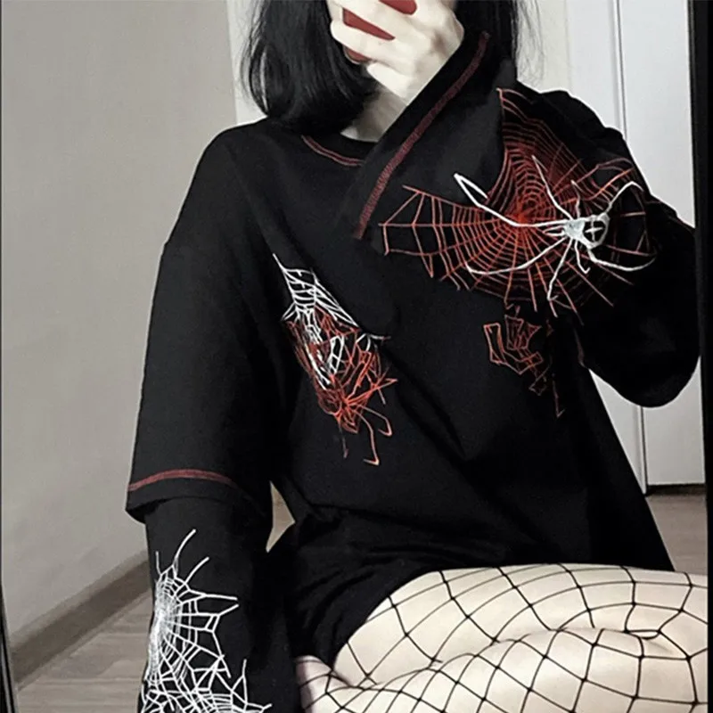 Black Female Long Sleeve Girl Y2K Top Gothic Y2k Fashion Design Harajuku Spider T Shirt Women Goth Dark Streetwear Design Tees